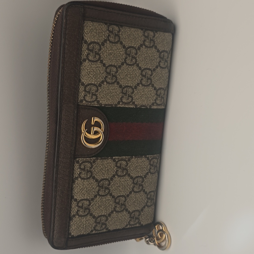 Gucci Brown GG Canvas Zip Around Wallet with Green and Red Web